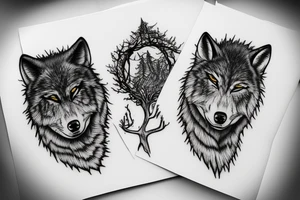 Tree with two wolfs at base, one asleep one awake tattoo idea