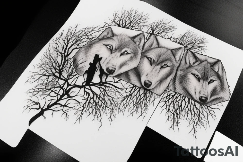 Tree with two wolfs at base, one asleep one awake tattoo idea