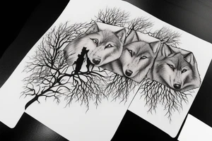 Tree with two wolfs at base, one asleep one awake tattoo idea
