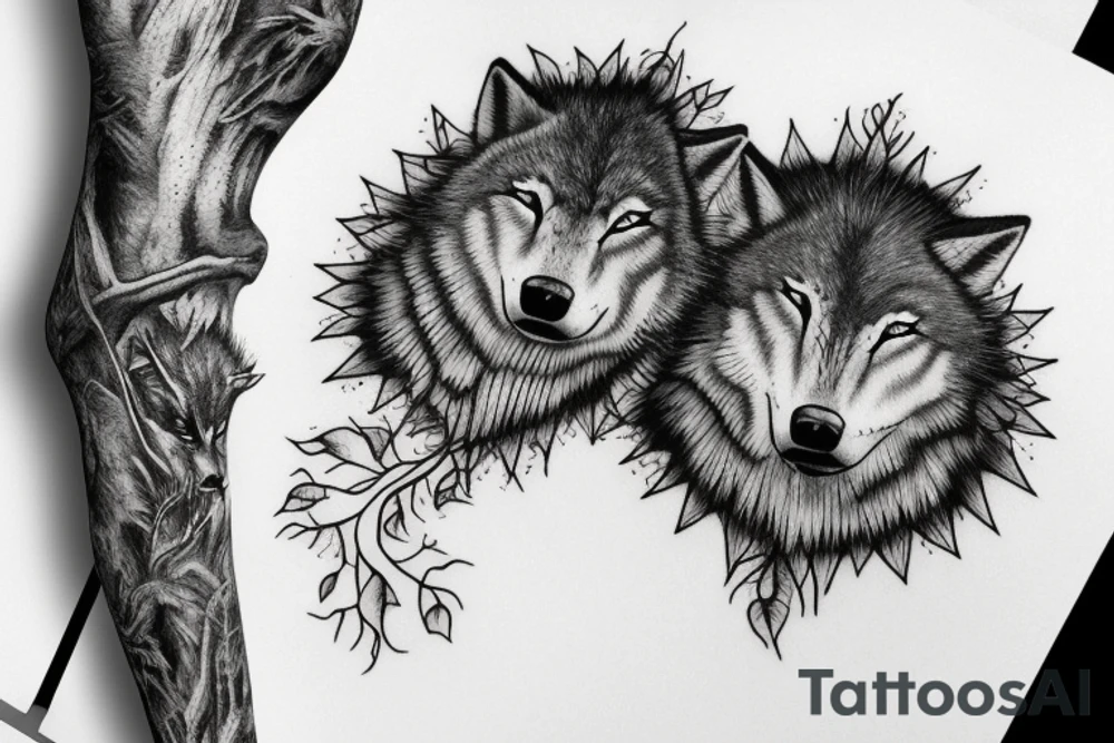 Tree with two wolfs at base, one asleep one awake tattoo idea