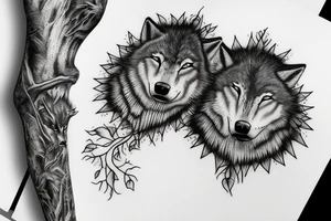 Tree with two wolfs at base, one asleep one awake tattoo idea
