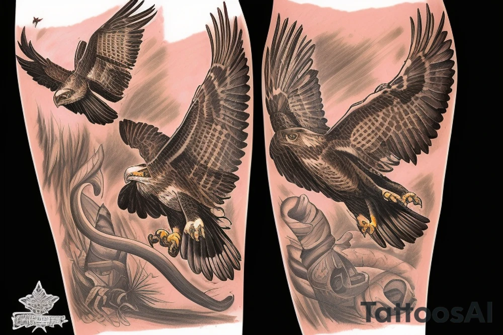 Flying red tailed Hawk carrying a dead rattle snake in it’s claws tattoo idea