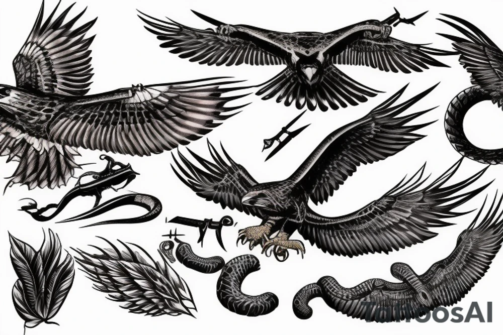 Flying red tailed Hawk killing rattle snake with claws tattoo idea