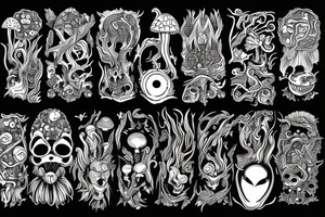 alien, mushroom, psychedelic, dmt, explosive, war, tribal tattoo idea