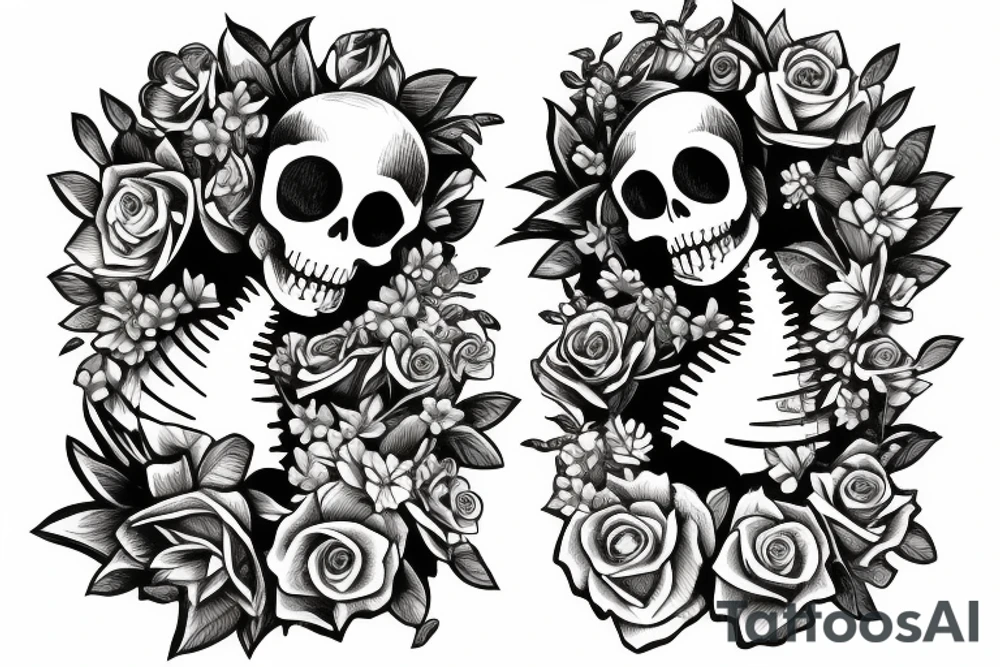 two skeletons, on sitting down with flowers. The other watering the flowers tattoo idea