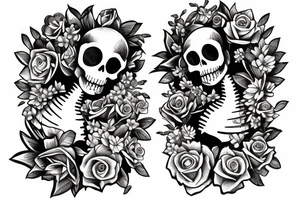 two skeletons, on sitting down with flowers. The other watering the flowers tattoo idea