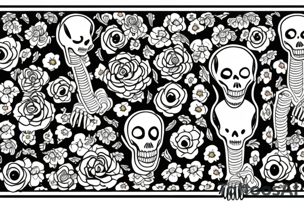 two skeletons, on sitting down with flowers. The other watering the flowers tattoo idea