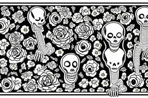 two skeletons, on sitting down with flowers. The other watering the flowers tattoo idea