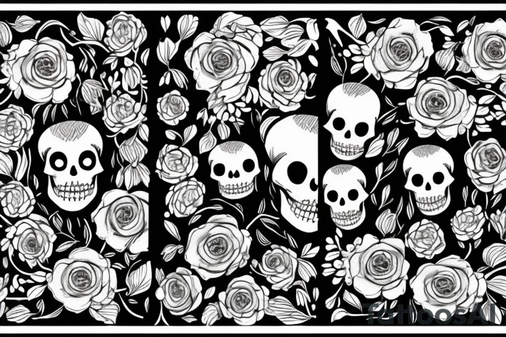 two skeletons, on sitting down with flowers. The other watering the flowers tattoo idea
