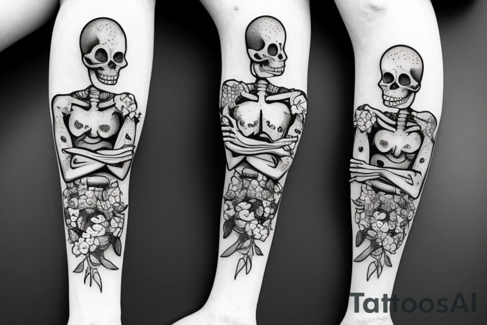 two skeletons, on sitting down with flowers. The other watering the flowers tattoo idea