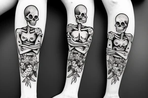 two skeletons, on sitting down with flowers. The other watering the flowers tattoo idea