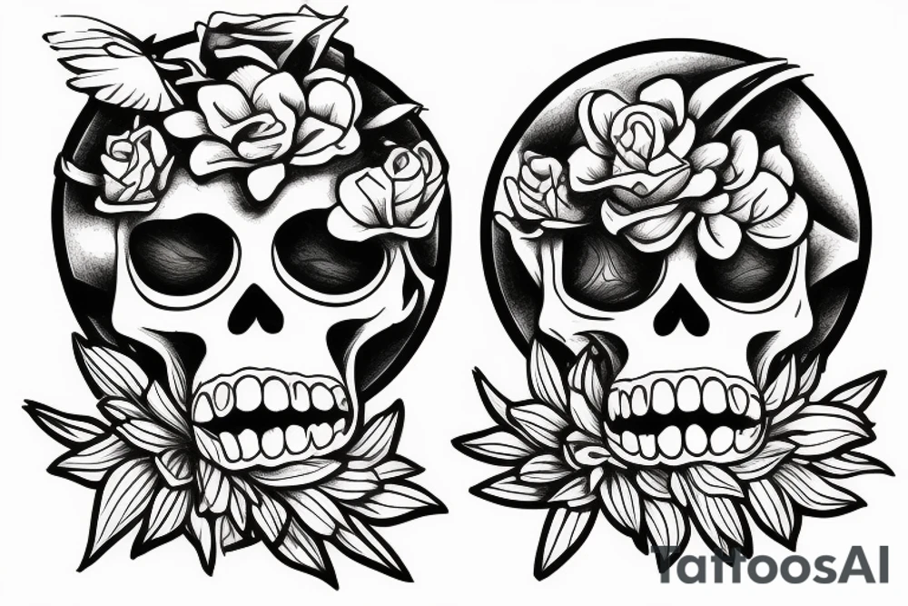 two skeletons, one sitting down with flowers. The other watering the flowers tattoo idea