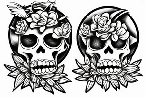 two skeletons, one sitting down with flowers. The other watering the flowers tattoo idea