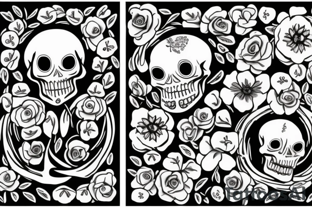 two skeletons, one sitting down with flowers. The other watering the flowers tattoo idea