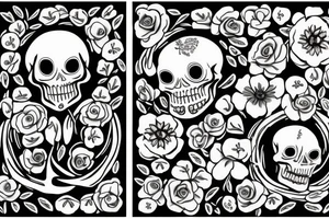 two skeletons, one sitting down with flowers. The other watering the flowers tattoo idea