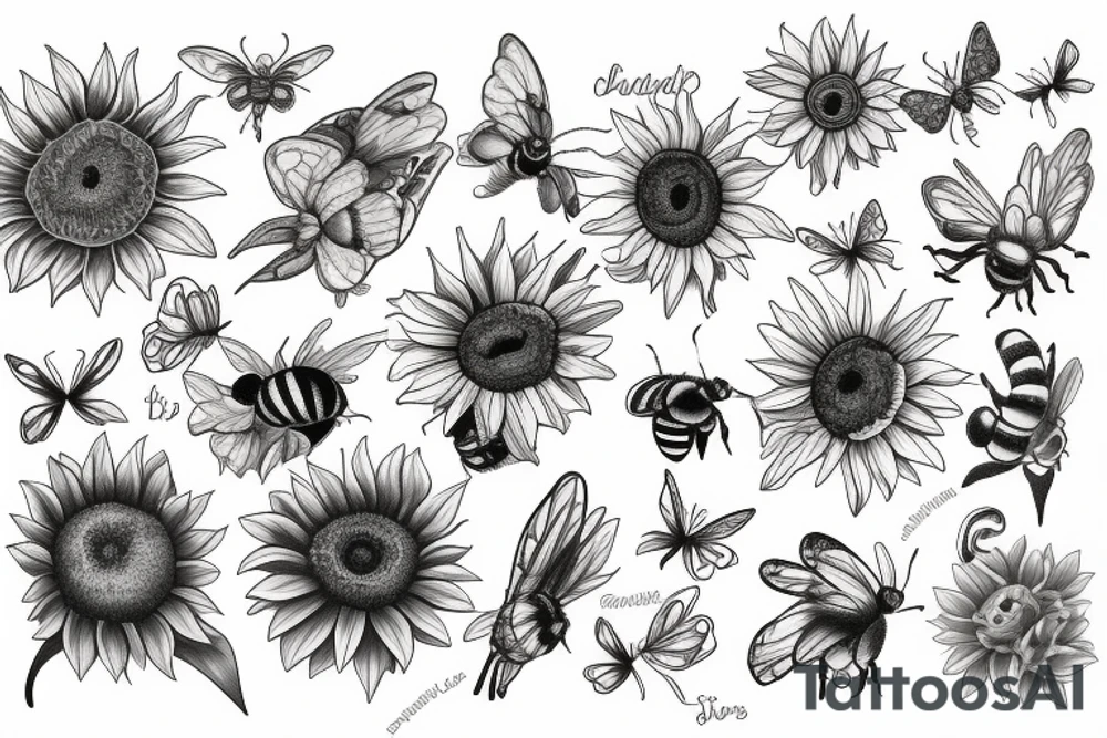 Sunflowers and bees and butterflies tattoo idea