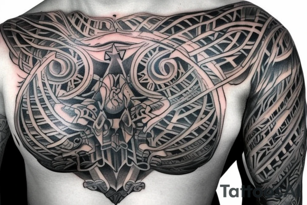 Chest tattoo, realistic body Armour, part of body tattoo idea