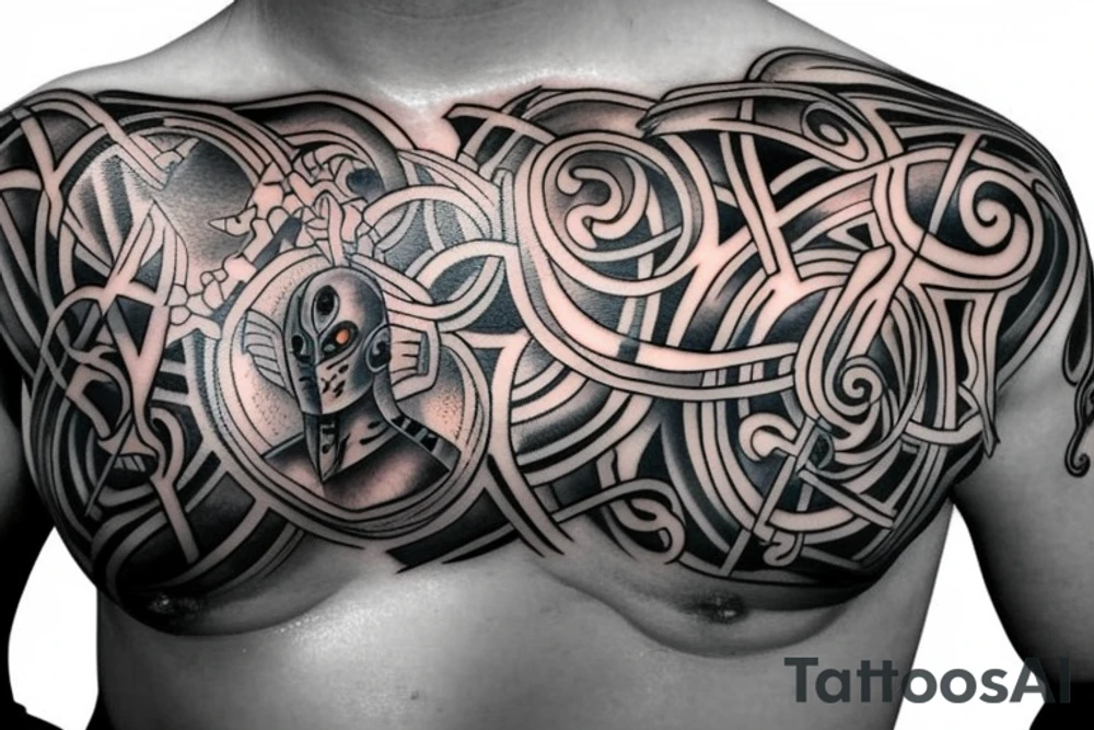 Chest tattoo, knight Armour, chest plate, built into body tattoo idea