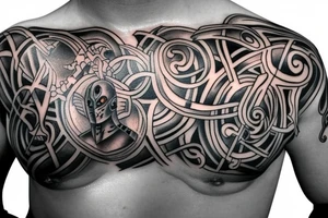 Chest tattoo, knight Armour, chest plate, built into body tattoo idea