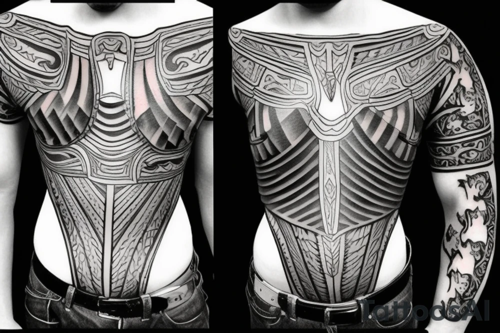 Chest tattoo, knight Armour, chest plate, part of body tattoo idea