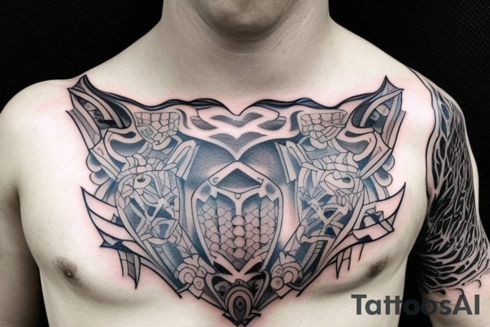 Chest tattoo, knight Armour, chest plate, part of body tattoo idea