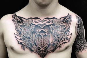 Chest tattoo, knight Armour, chest plate, part of body tattoo idea