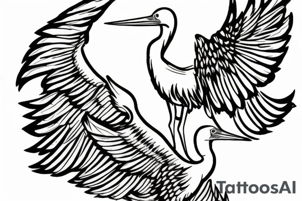 Stork flying under the old tree with small storks on background tattoo idea Stork flying under the old tree with small storks on background tattoo idea