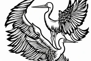 Stork flying under the old tree with small storks on background tattoo idea
