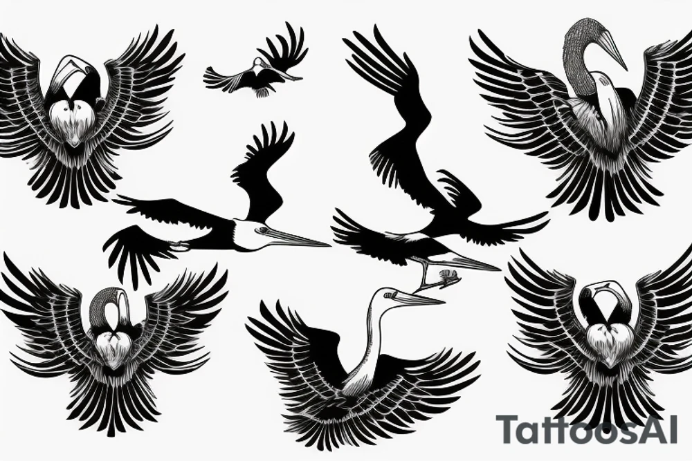 Stork flying under the old tree with small storks on background tattoo idea Stork flying under the old tree with small storks on background tattoo idea