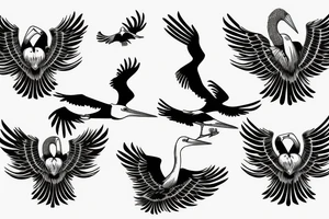 Stork flying under the old tree with small storks on background tattoo idea