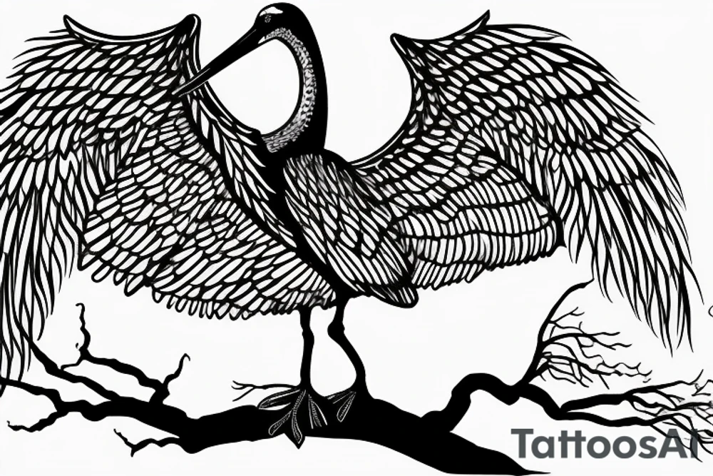 Stork flying under the old tree with small storks on background tattoo idea Stork flying under the old tree with small storks on background tattoo idea