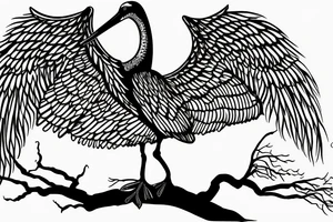 Stork flying under the old tree with small storks on background tattoo idea
