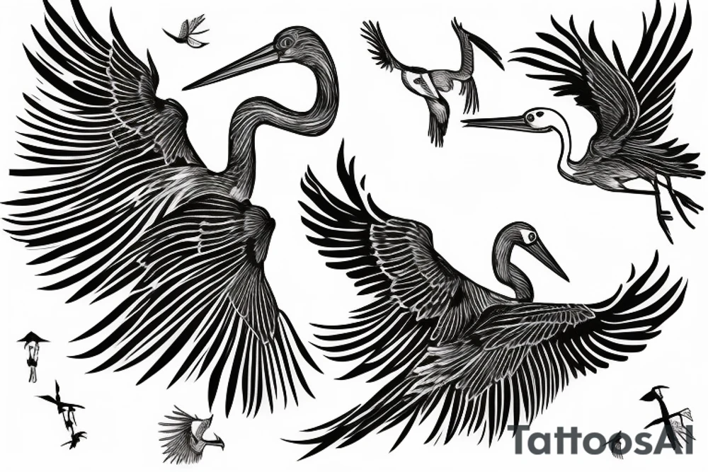 Stork flying under the old tree with small storks on background tattoo idea