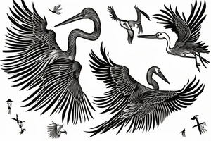 Stork flying under the old tree with small storks on background tattoo idea