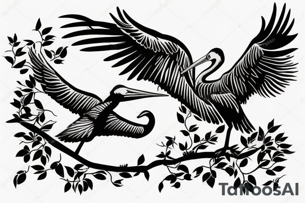 Stork flying under the old tree with small storks on background tattoo idea