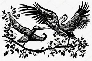 Stork flying under the old tree with small storks on background tattoo idea