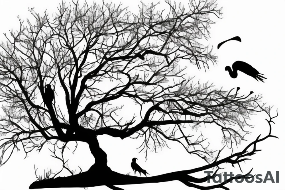 Stork flying under the old tree with small storks on background tattoo idea