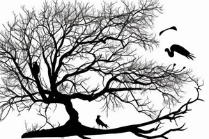 Stork flying under the old tree with small storks on background tattoo idea