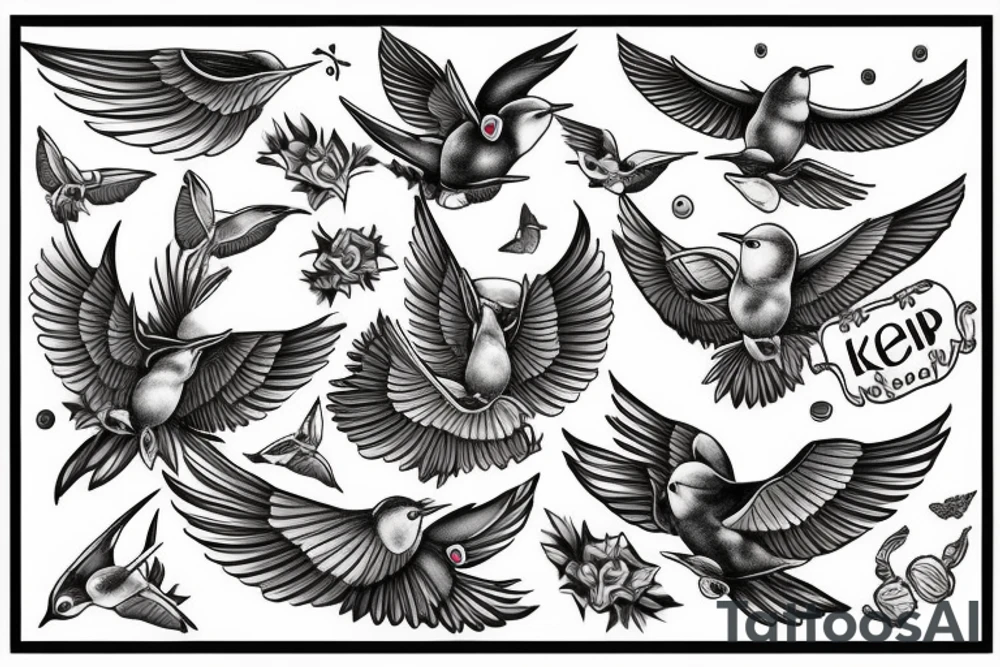 swallow and text 'Keep on flying' tattoo idea