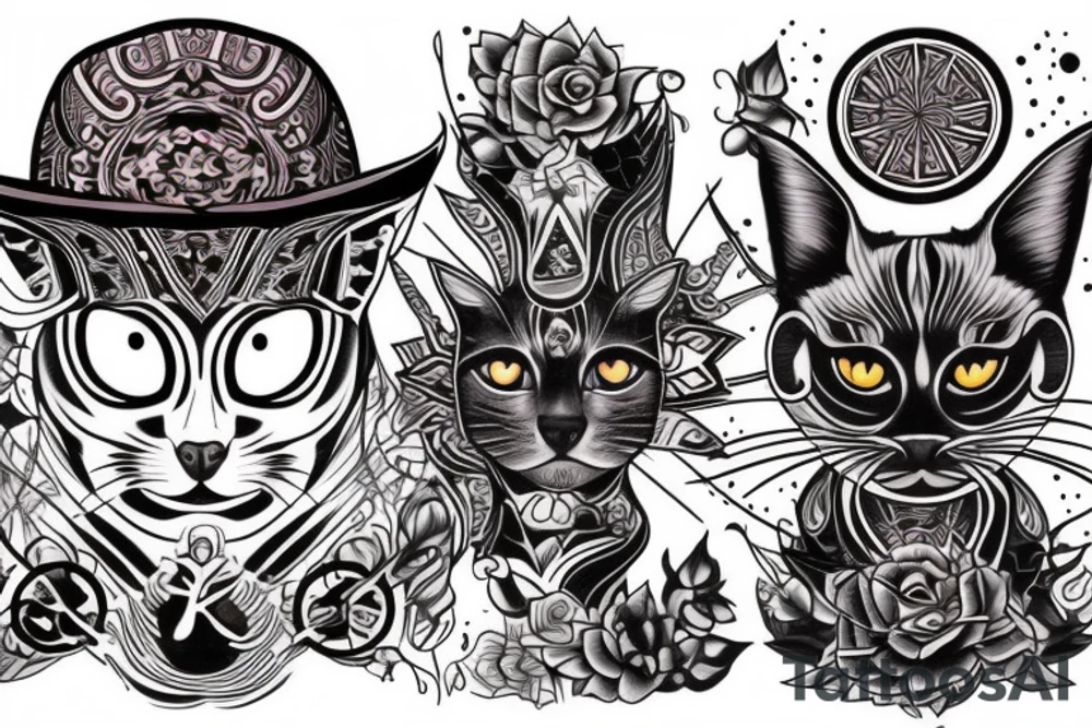 Siamese cat, third eye, tattooed, hat, gangster, tattoo idea