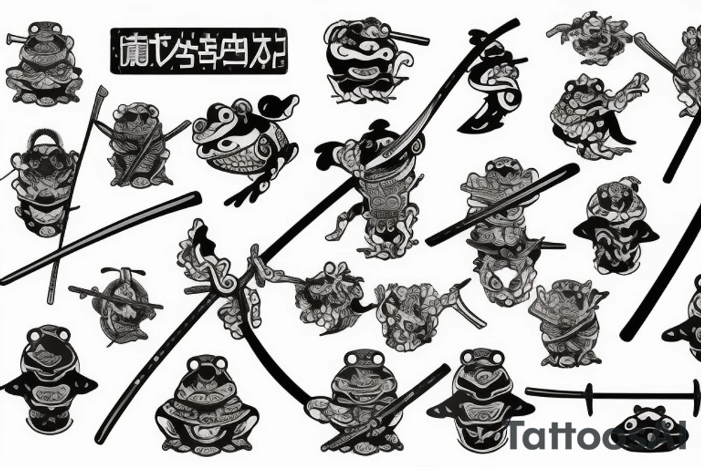 Japanese frog, battle, samurai, bamboo forest, sword, shield, helmet, armour tattoo idea