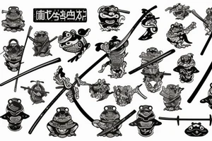Japanese frog, battle, samurai, bamboo forest, sword, shield, helmet, armour tattoo idea