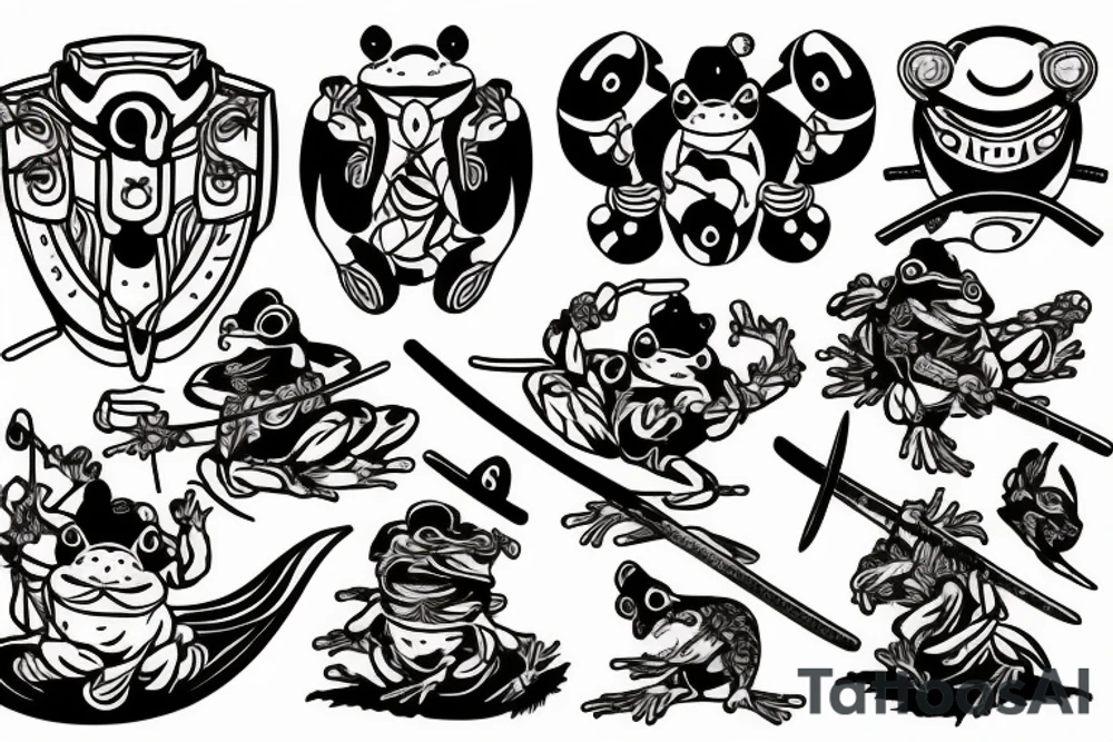 Japanese frog, battle, samurai, bamboo forest, sword, shield, helmet, armour tattoo idea
