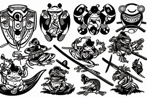 Japanese frog, battle, samurai, bamboo forest, sword, shield, helmet, armour tattoo idea