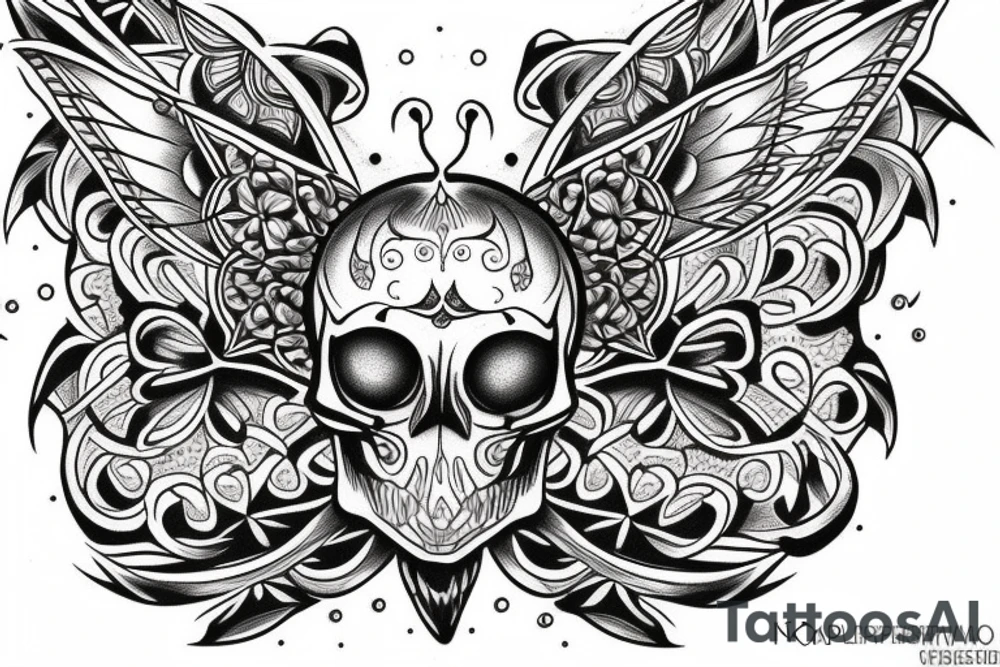 neotraditional moth tattoo with a skull inside tattoo idea