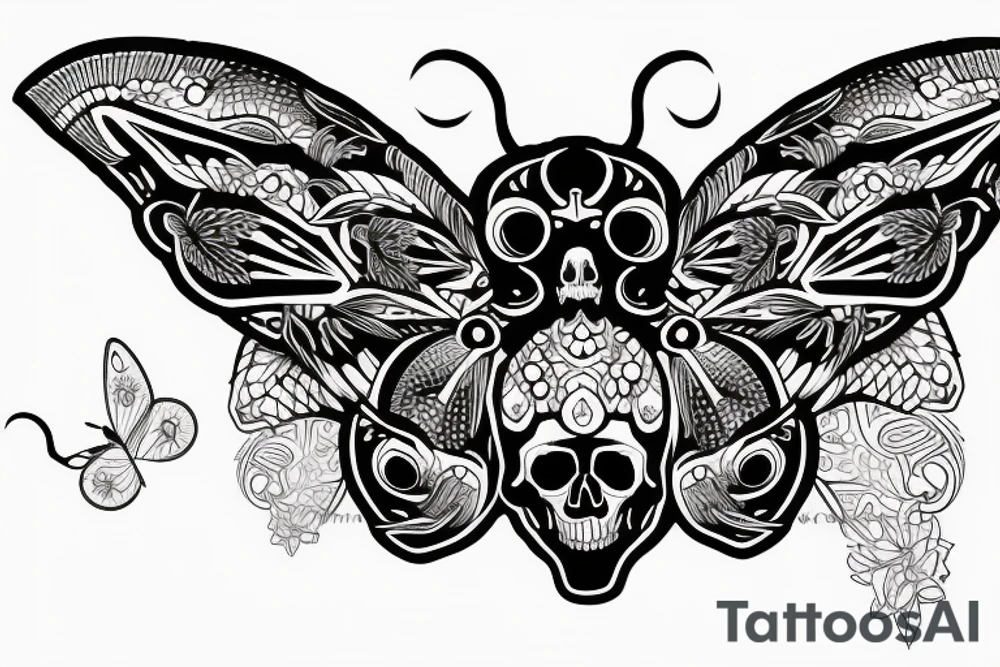 neotraditional moth tattoo with a skull inside tattoo idea