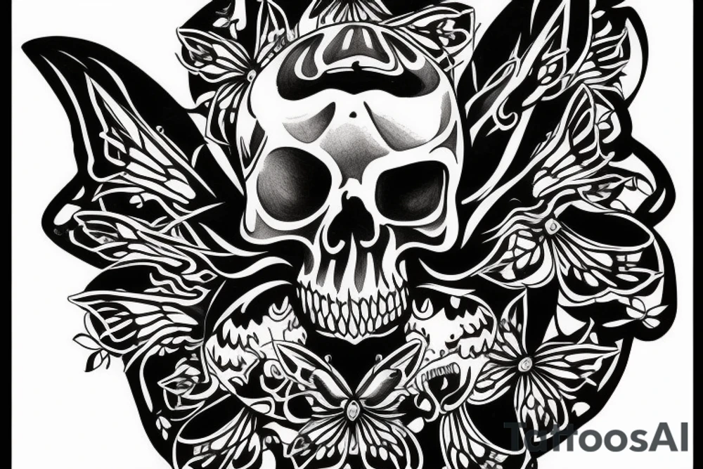 neotraditional moth tattoo with a skull inside tattoo idea