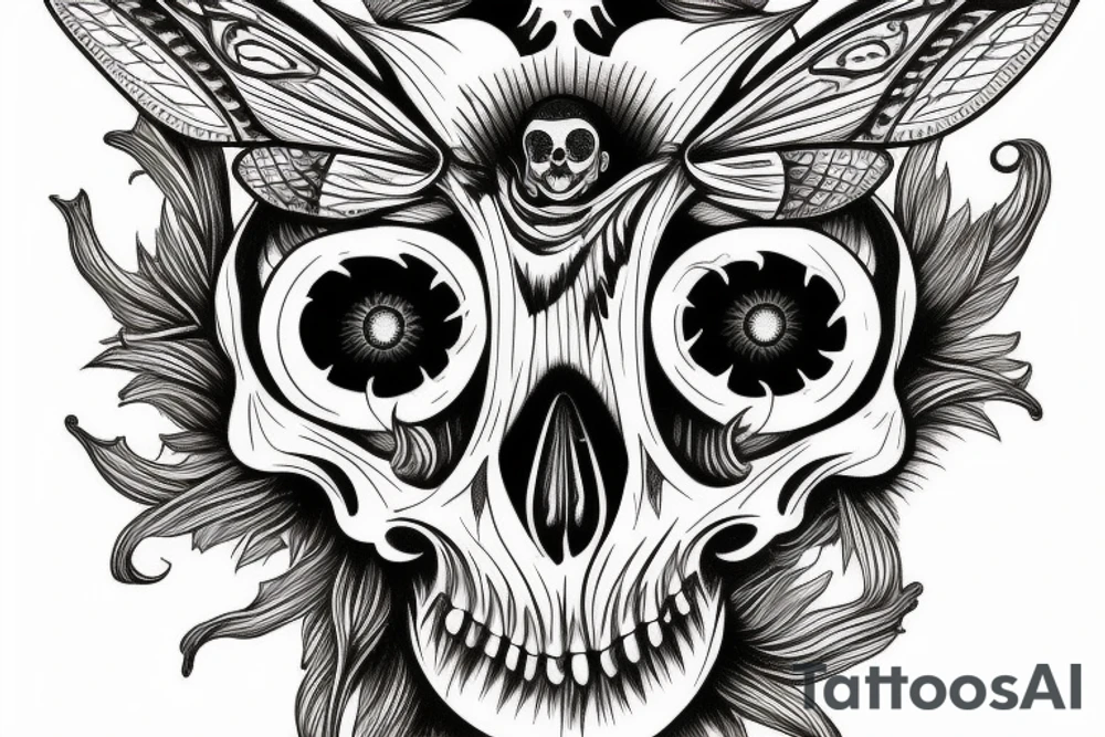 neotraditional moth tattoo with a skull inside tattoo idea