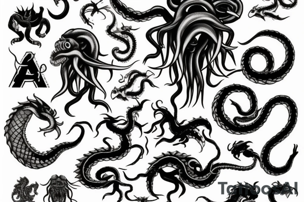 Kraken with ship and dragon tattoo idea