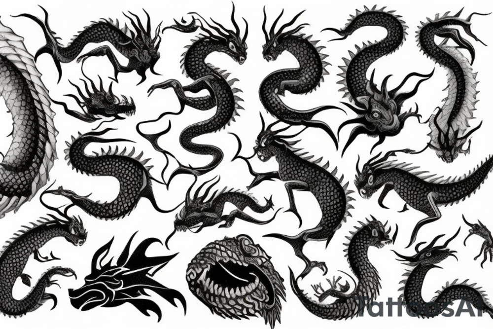 Seamonster dragon fish woodwork tattoo idea
